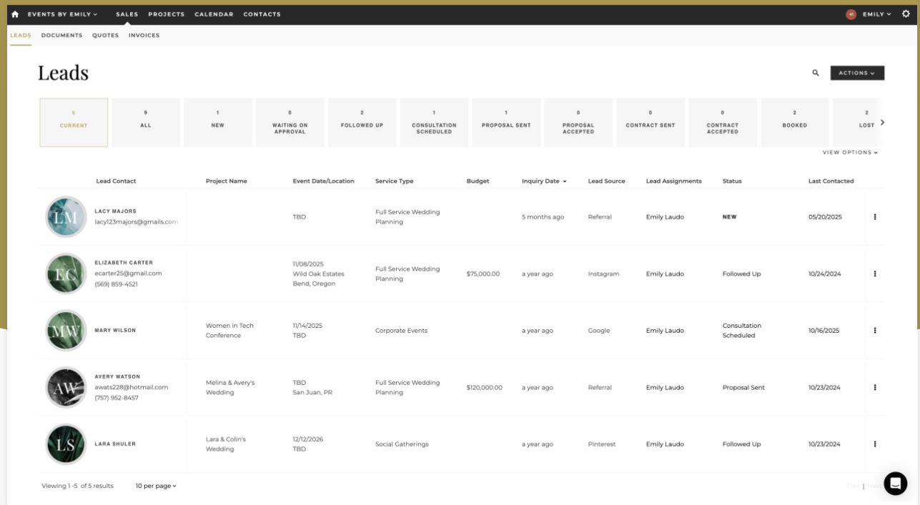 Aisle Planner Pro lead management view: pipeline stages from new inquiry to booked, with a table of leads
