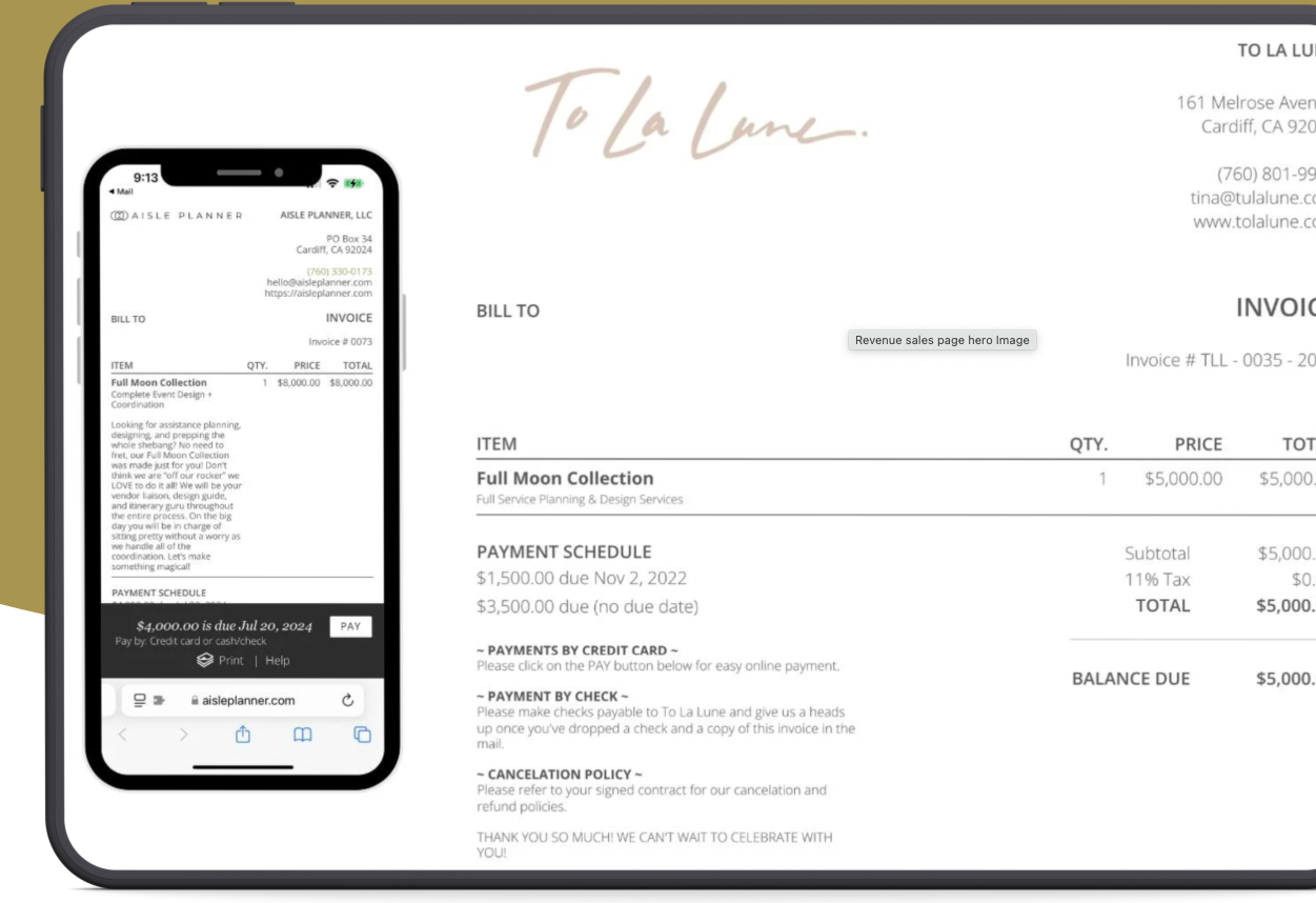 Aisle Planner integrated payments: a branded client invoice with payment schedule, on tablet and phone