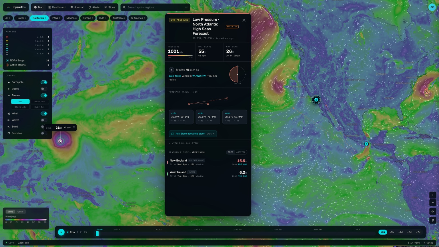 MySurfLife global wind map with a North Atlantic low-pressure system selected, showing pressure, winds, seas, forecast track and where the surf lands