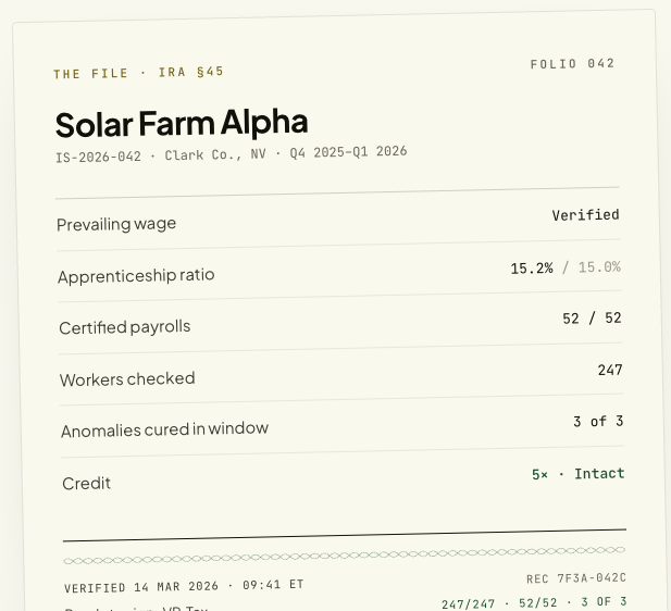 Vindexa marketing illustration of The File, an audit-ready compliance summary for a sample solar project